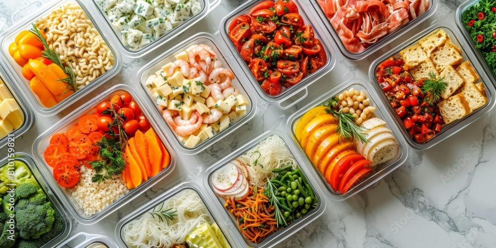 Assorted meal prep containers on marble surface