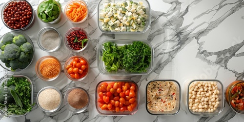 Variety of healthy foods prepped for meal planning photo