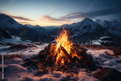 bonfire with fire in the snowy mountain