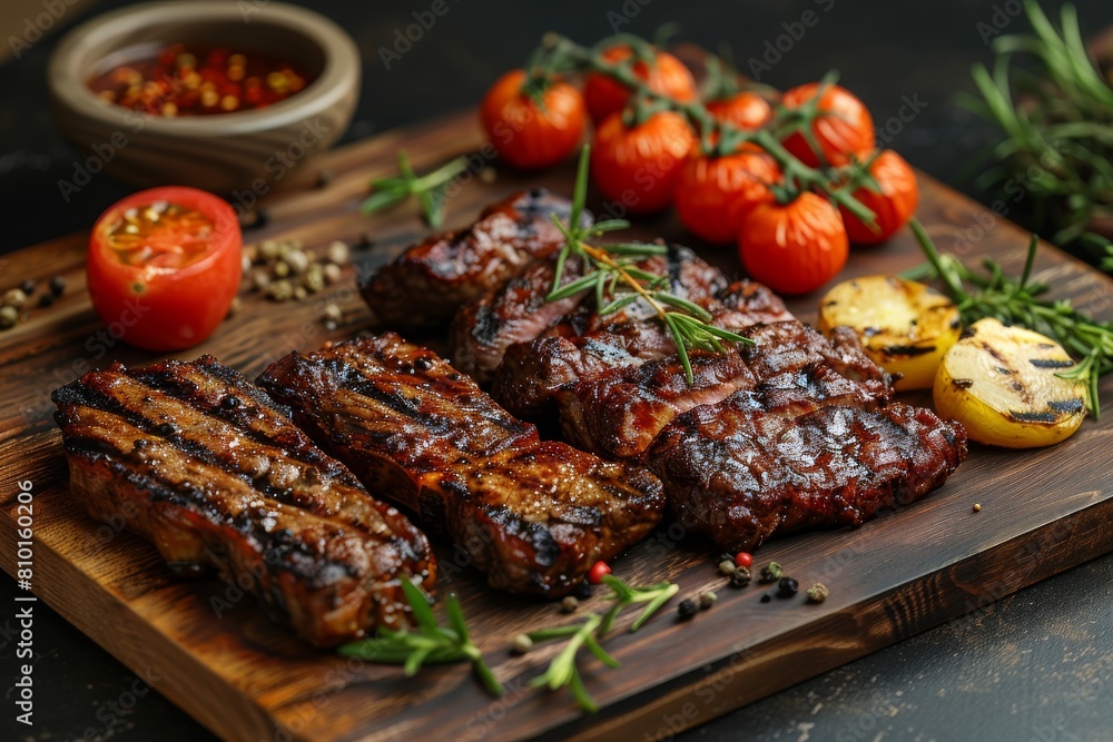 Premium grilled steaks with grill marks and fresh seasonings on a dark wooden board, with tomatoes and lemon Premium grilled steaks with grill marks and fresh seasonings on a dark wooden board, with tomatoes and lemon