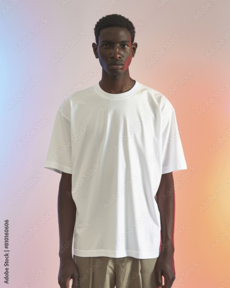 Young man wearing white t-shirt on colorful background Young man wearing white t-shirt on colorful background