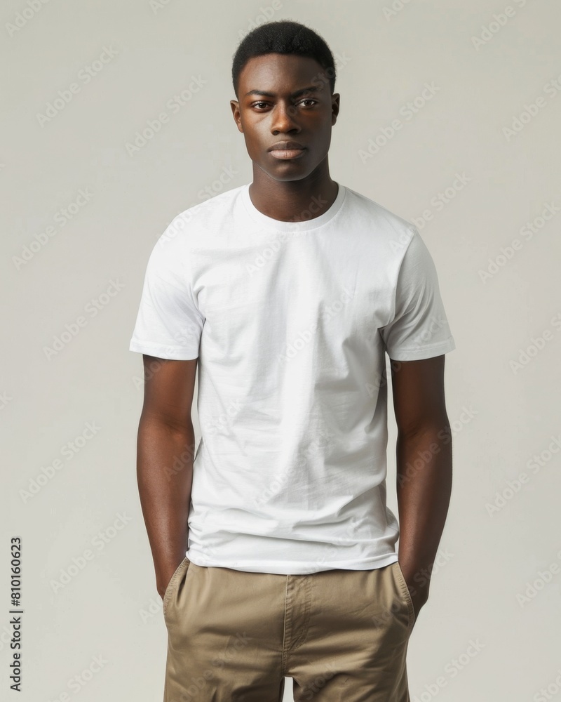 Young man in white t-shirt posing confidently Young man in white t-shirt posing confidently