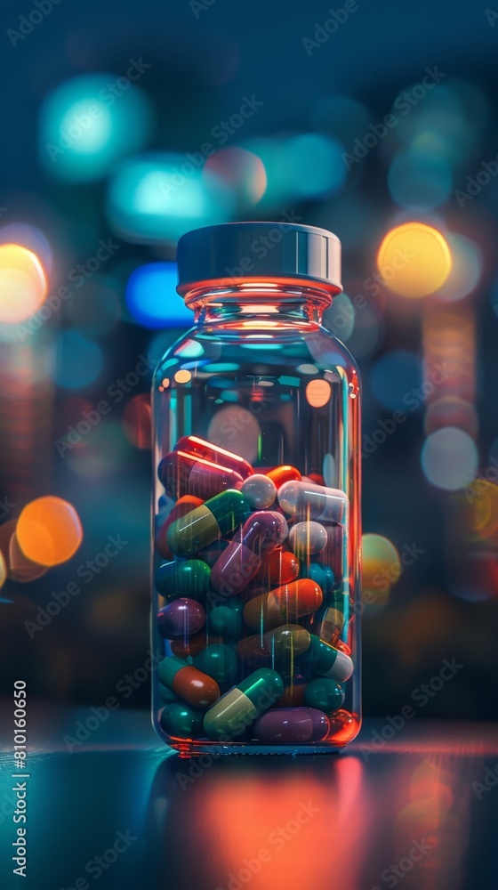 Colorful medication capsules in transparent bottle on neon background Colorful medication capsules in transparent bottle on neon background