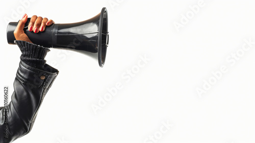 Hand of protesting woman with megaphone on white background