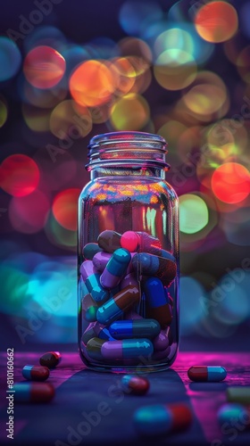 Colorful capsules in glass jar with bokeh background
