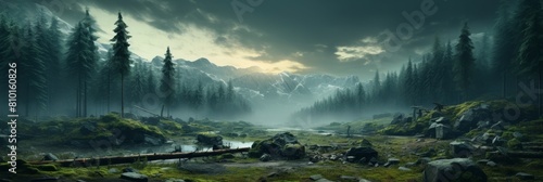 Misty mountain landscape with pine trees and rocky terrain photo