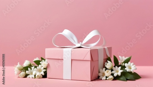 Beautiful bouquet flowers pink roses in vase and gift box with satin bow on pastel pink background created with generative ai.