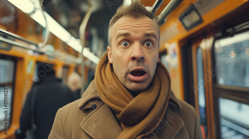 Middle-aged man with a shocked expression riding inside a tram, capturing a moment of unexpected surprise or bewilderment.