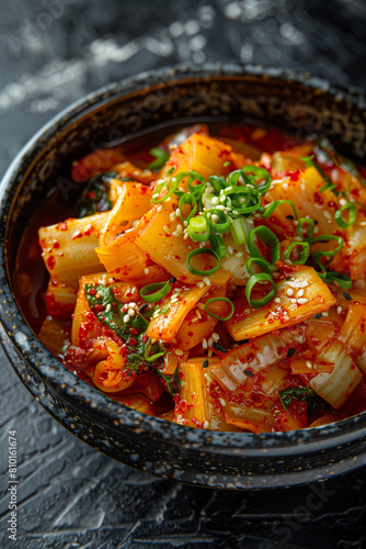 A bowl of kimchi, filled with vibrant red and dark orange Koreanstyle kim stripes photo