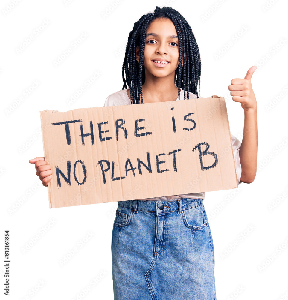 Cute african american girl holding there is no planet b banner smiling happy and positive, thumb up doing excellent and approval sign Cute african american girl holding there is no planet b banner smiling happy and positive, thumb up doing excellent and approval sign