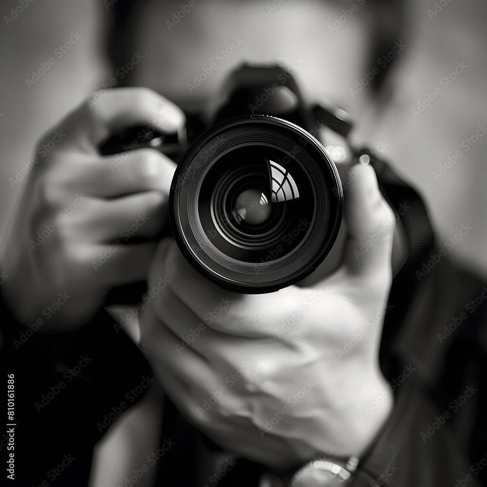 Photographer Capturing Moments Through Camera Lens in Black and White. AI.