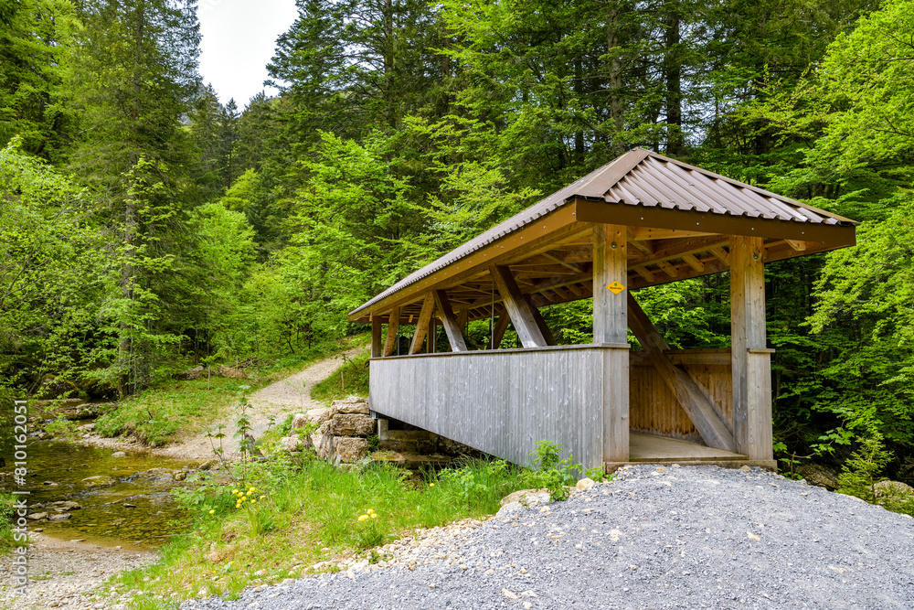 Wooden bridge above small stream in Swiss Alps Wooden bridge above small stream in Swiss Alps