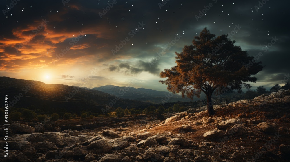 Breathtaking mountain landscape at sunset with starry sky
