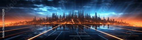 futuristic city skyline at night with glowing lights and reflections