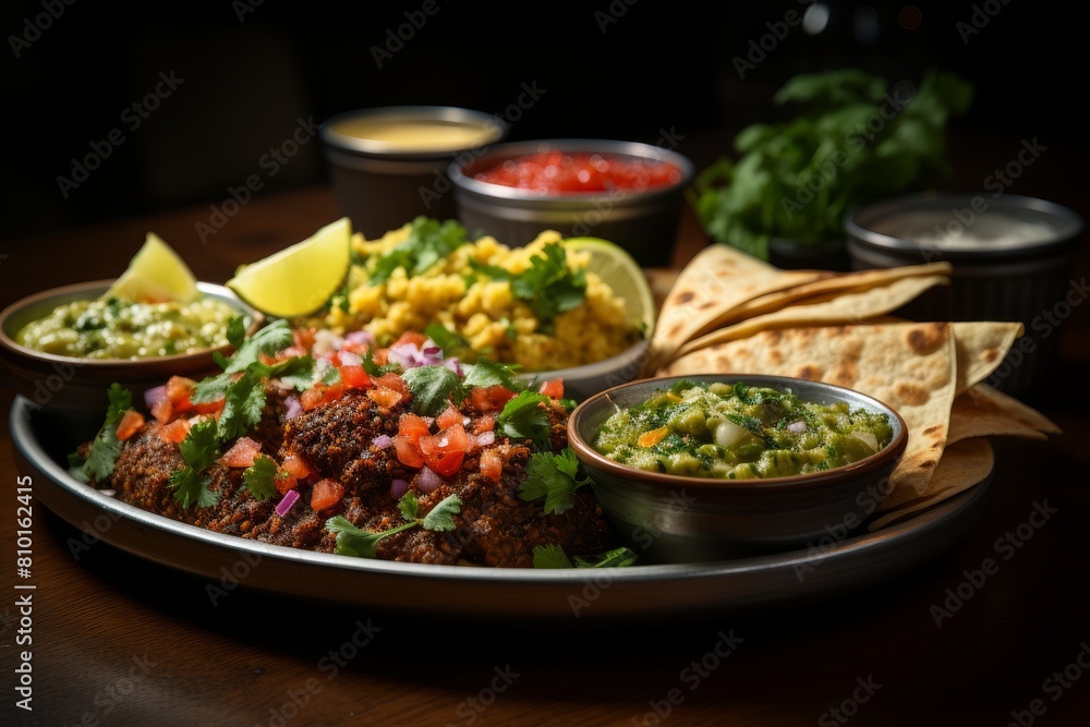 Delicious mexican food spread with tacos, guacamole, and salsa Delicious mexican food spread with tacos, guacamole, and salsa