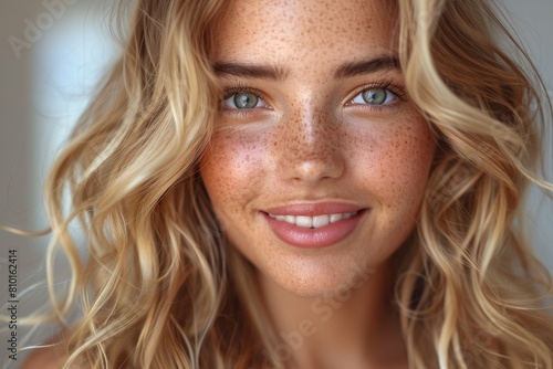 Close-up portrait of a beautiful young woman with freckles, green eyes, and curly blonde hair