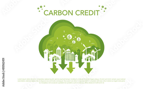 Carbon credits Concept. about the amount of greenhouse gases for the environment and reducing carbon dioxide emissions in various industrial sectors. Green vector illustration.