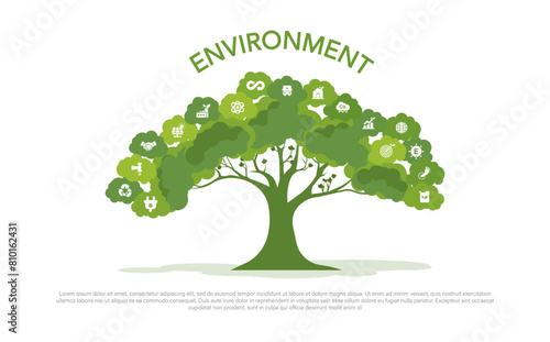 Environment or background with icons on tree and leaves. green vector illustration..