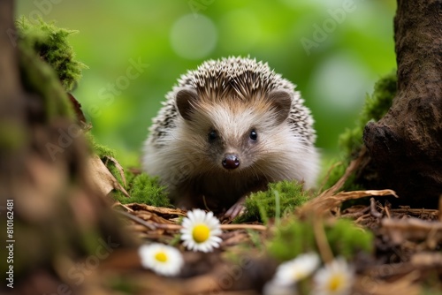 Cute hedgehog in moss and flowers