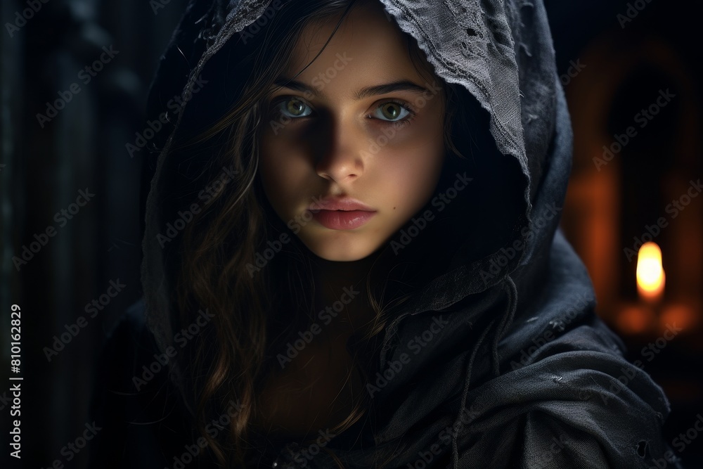 Mysterious hooded figure with intense gaze Mysterious hooded figure with intense gaze
