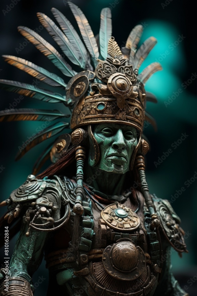 Intricate Aztec warrior statue with ornate headdress