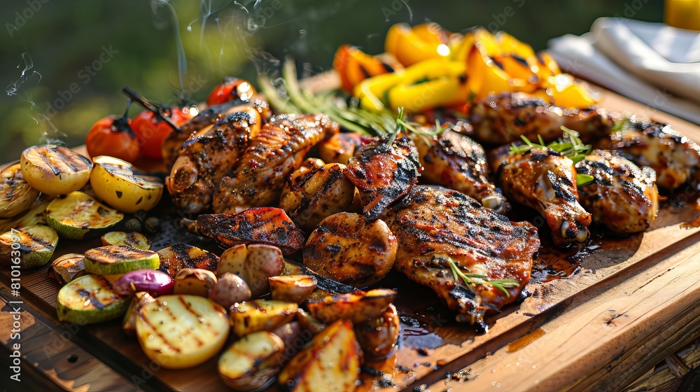 Grilled chicken, veggies, wings, and potatoes make a tasty picnic spread.
