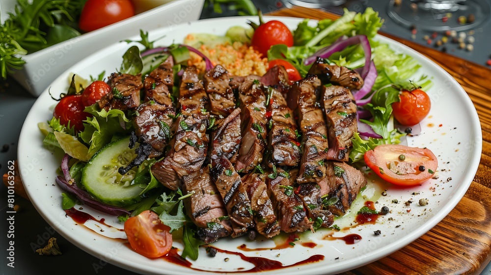 Grilled meat and fresh salad on a white plate.