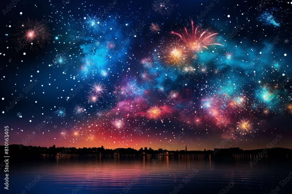 Naklejka premium Vibrant fireworks display over a city skyline reflected in a calm lake