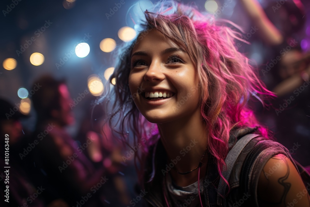 young woman with vibrant pink hair smiling happily