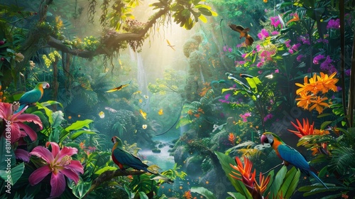 Bright Birds and Flowers in the Rainforest