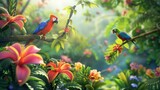 Birds and Flowers in a Rainforest