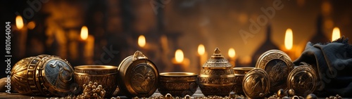 Ornate golden jewelry and trinkets on dark background