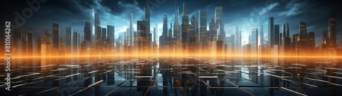 futuristic cityscape with skyscrapers and reflections