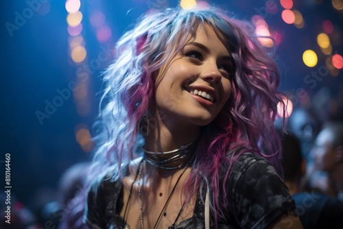 Vibrant portrait of a smiling woman with colorful hair