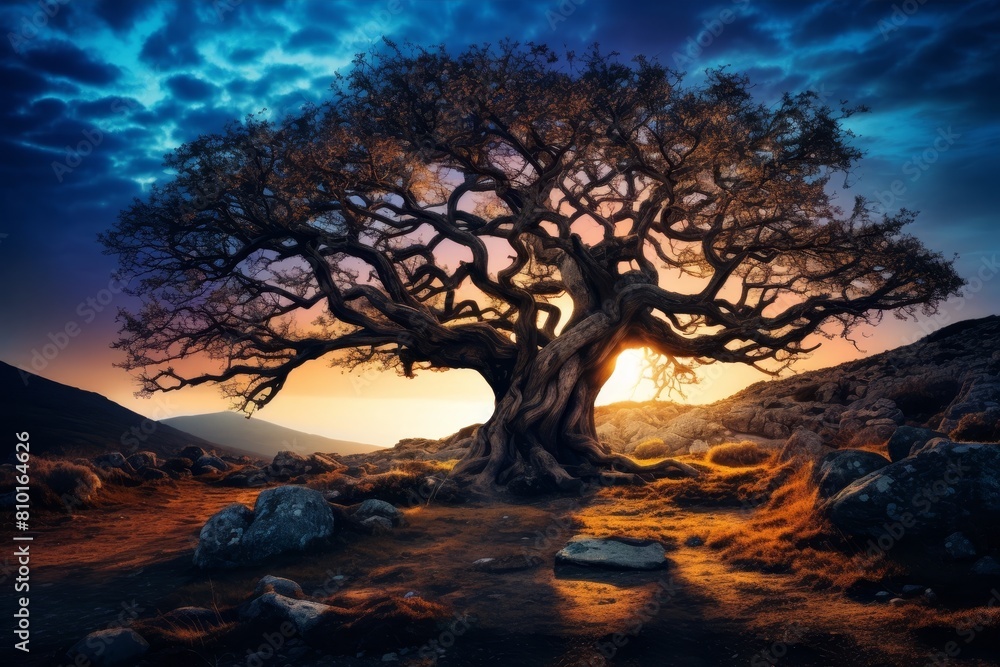 Dramatic sunset over twisted tree in desert landscape Dramatic sunset over twisted tree in desert landscape