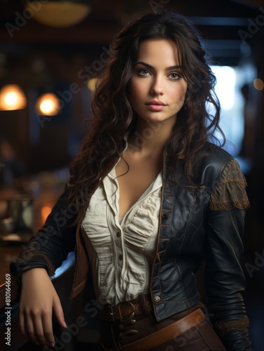 Wallpaper Mural Stylish woman with long wavy hair posing in leather jacket Torontodigital.ca