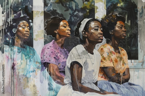 Artistic painting of African American women in various states of contemplation, with watercolor elements depicting emotional layers of Juneteenth freedom day, Independence Day, June 19 photo