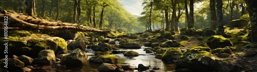 Lush green forest stream with mossy rocks
