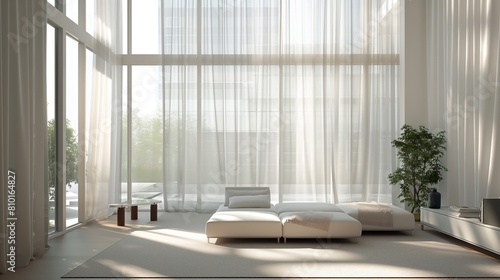 Modern Loft Interior with Large Windows  Sheer Curtains  and Minimalist Decor