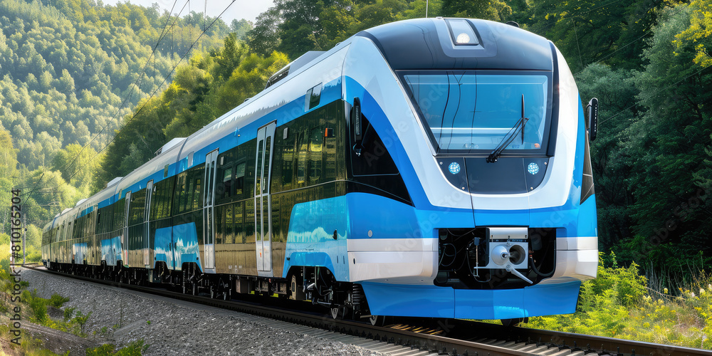 Fototapeta premium Closeup modern train in a scenic landscape, copy space. Detail of a high-speed train for intercity land travel.