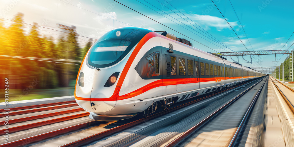Closeup modern train in a scenic landscape, copy space. Detail of a high-speed train for intercity land travel. Closeup modern train in a scenic landscape, copy space. Detail of a high-speed train for intercity land travel.