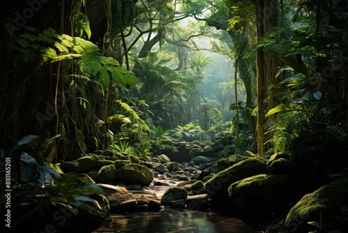 Lush tropical rainforest landscape with winding stream