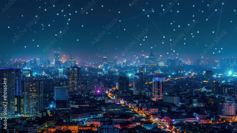 Fototapeta premium Banner smart city dot point connect with gradient line, connection technology metaverse concept AI generated
