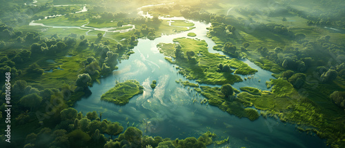 A bird'seye view of the winding river, surrounded by lush green meadows and small islands
