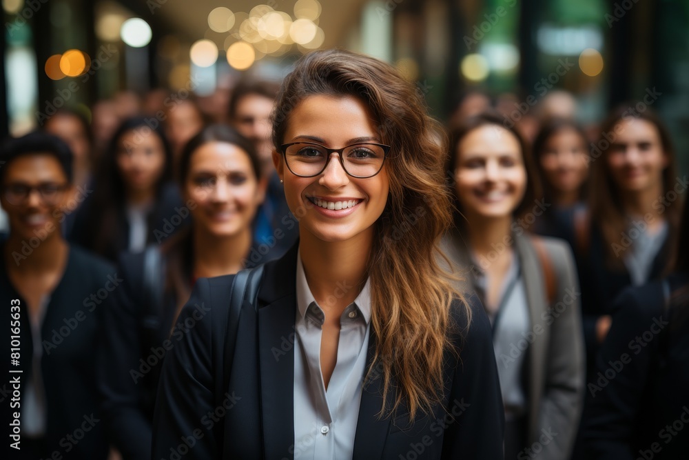 smiling woman in business attire in a crowd smiling woman in business attire in a crowd