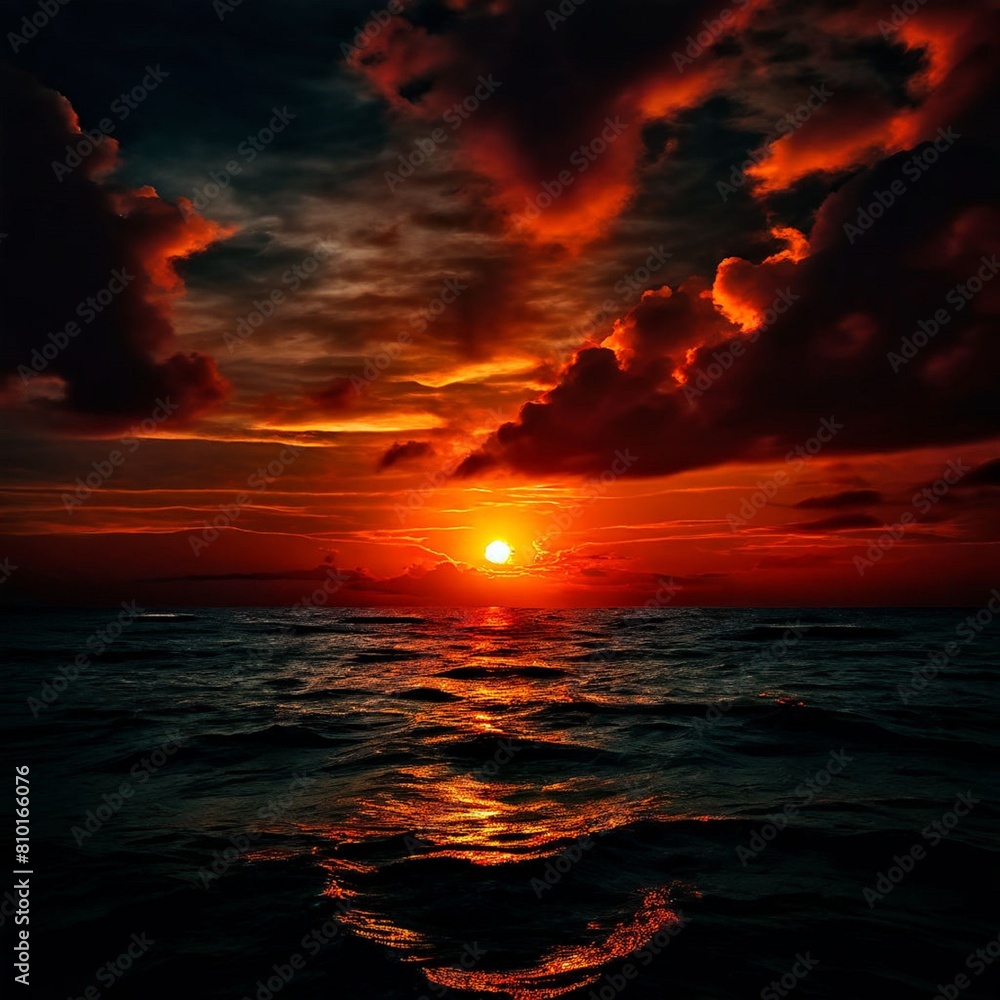 Dark orange reddish sunset over ocean (Digital)