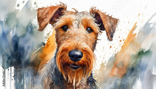 Watercolor illustration black brown Airedale Terrier breed dog, puppy portrait, cute home pet photo