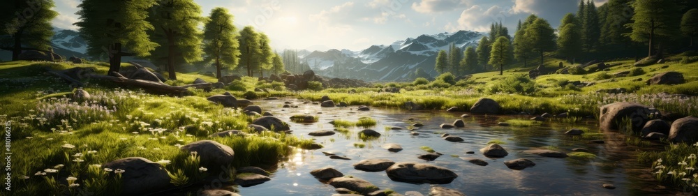 Serene mountain landscape with flowing stream Serene mountain landscape with flowing stream
