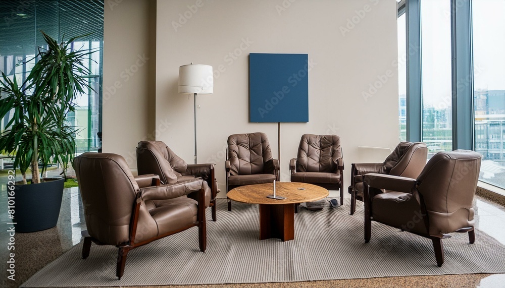 Lobby interior with armchairs in row and coffee table, window. Mock up wall Lobby interior with armchairs in row and coffee table, window. Mock up wall