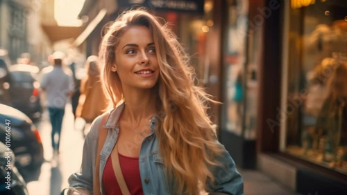Wallpaper Mural A smiling brunette woman walks confidently down a bustling city street, happy woman shopping Torontodigital.ca